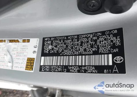 2008 Toyota Prius Touring z USA, uszkodzony, nr VIN JTDKB20UX87746668